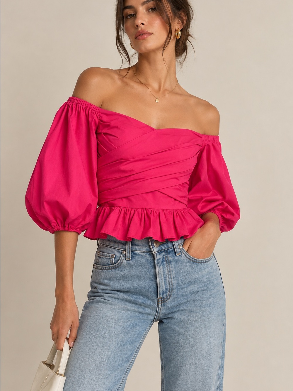Express Hot Pink Off Shoulder Puff Sleeve Wrap Front Peplum Top XXS